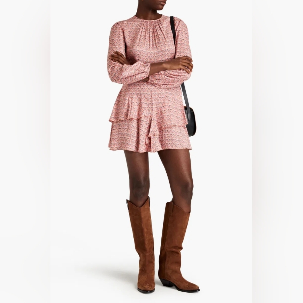 NWT MAJE Rilivia Gathered Floral-Print Twill Mini Dress